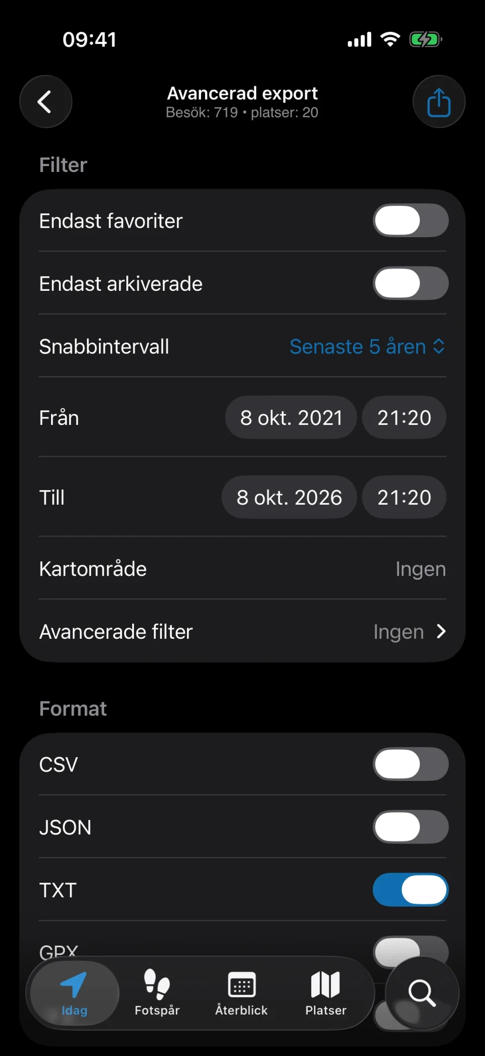 Avancerad export i MeTrail med filter och formatval