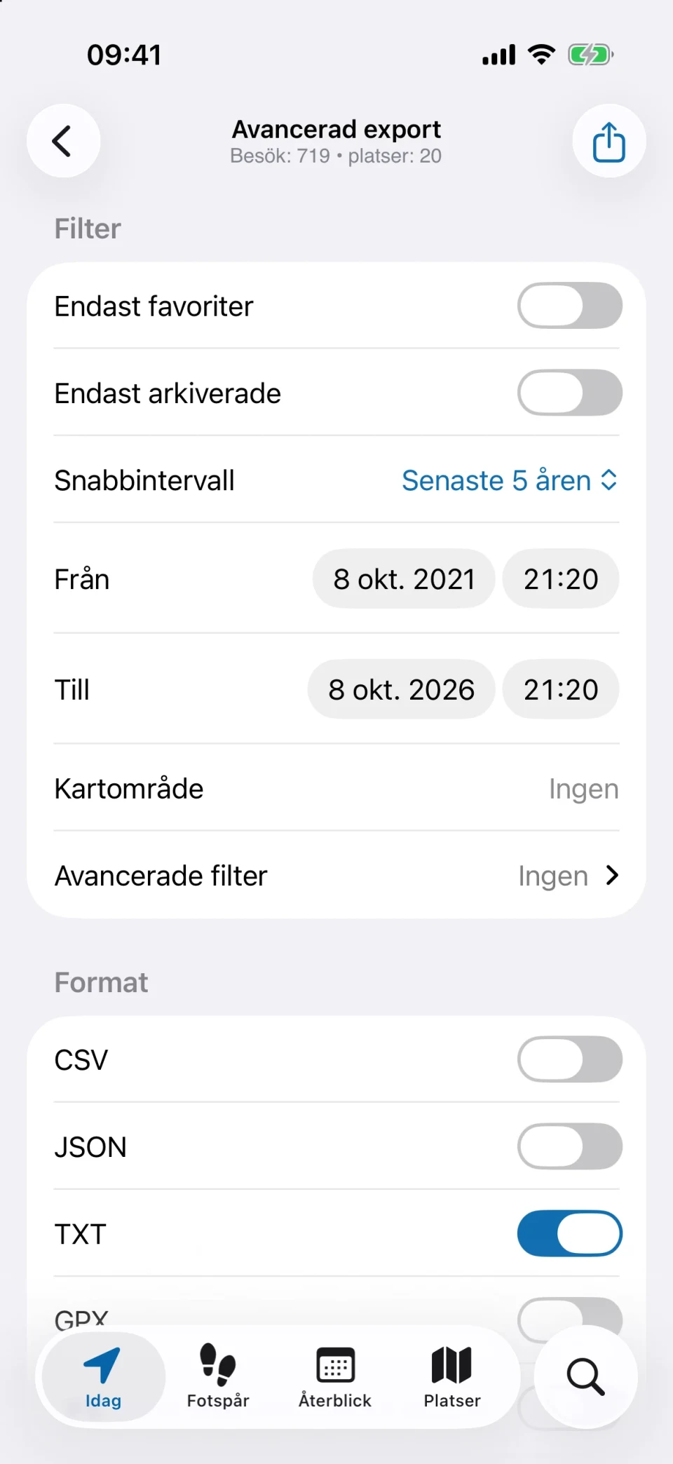 Avancerad export i MeTrail med filter och formatval