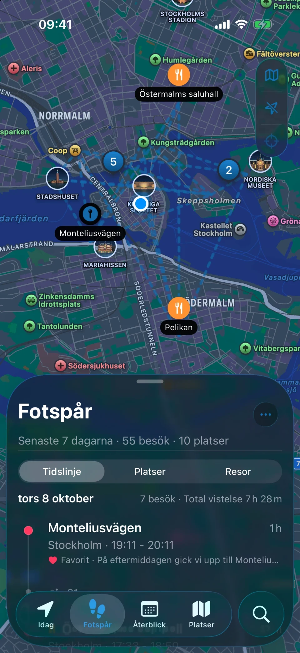 Fotspår-vyn i MeTrail med en sammanfattning av besökta platser och besöken dag för dag