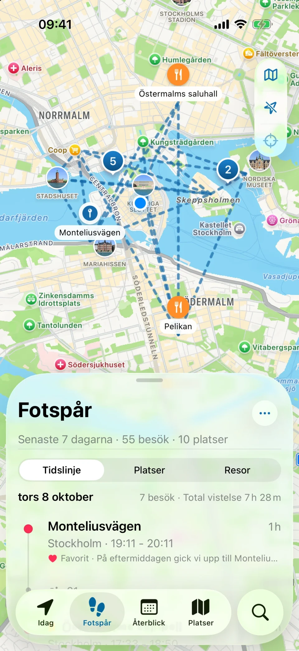 Fotspår-vyn i MeTrail med en sammanfattning av besökta platser och besöken dag för dag