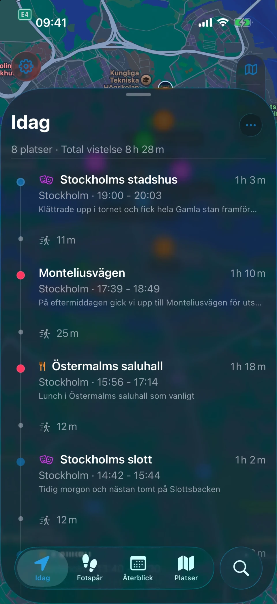Idag-vyn i MeTrail med dagens rutt och platserna i ordning