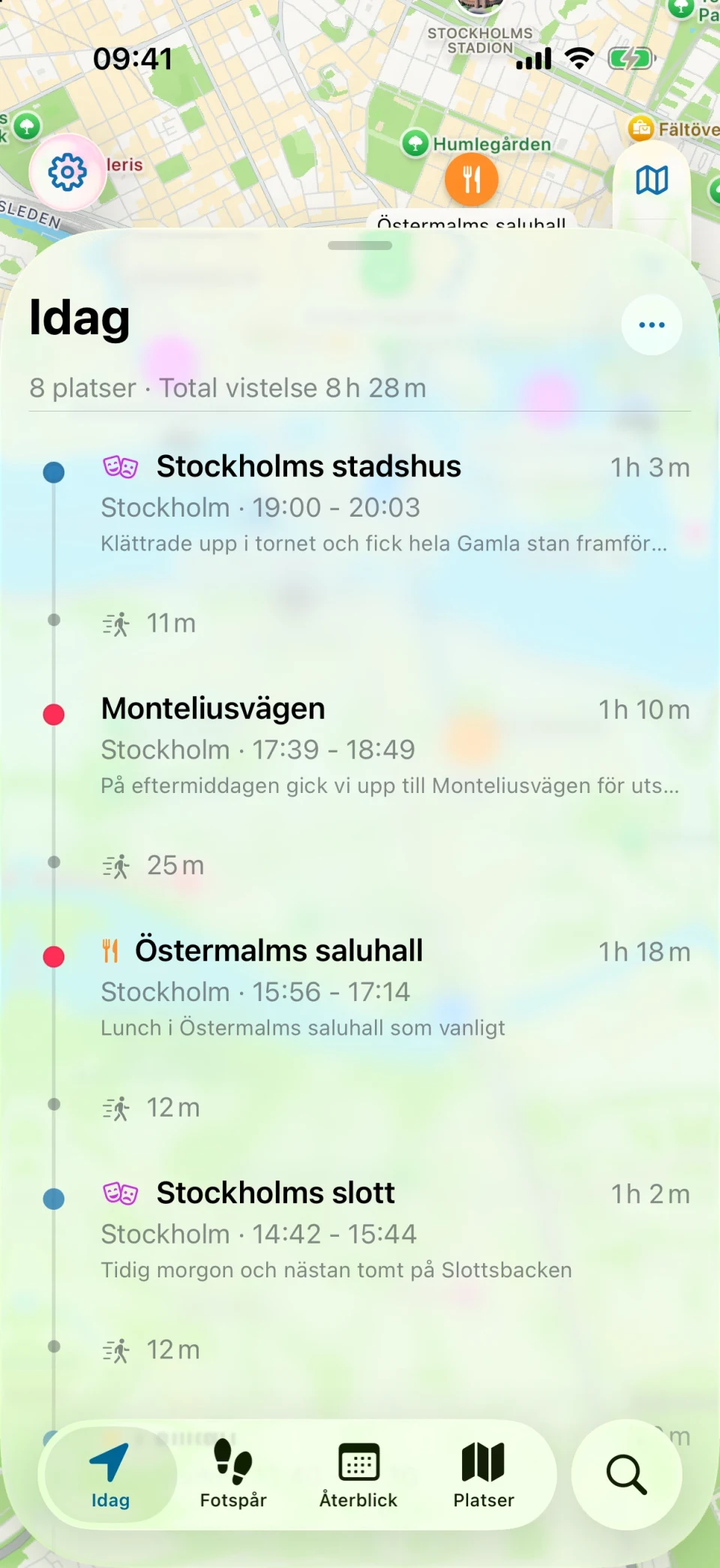 Idag-vyn i MeTrail med dagens rutt och platserna i ordning