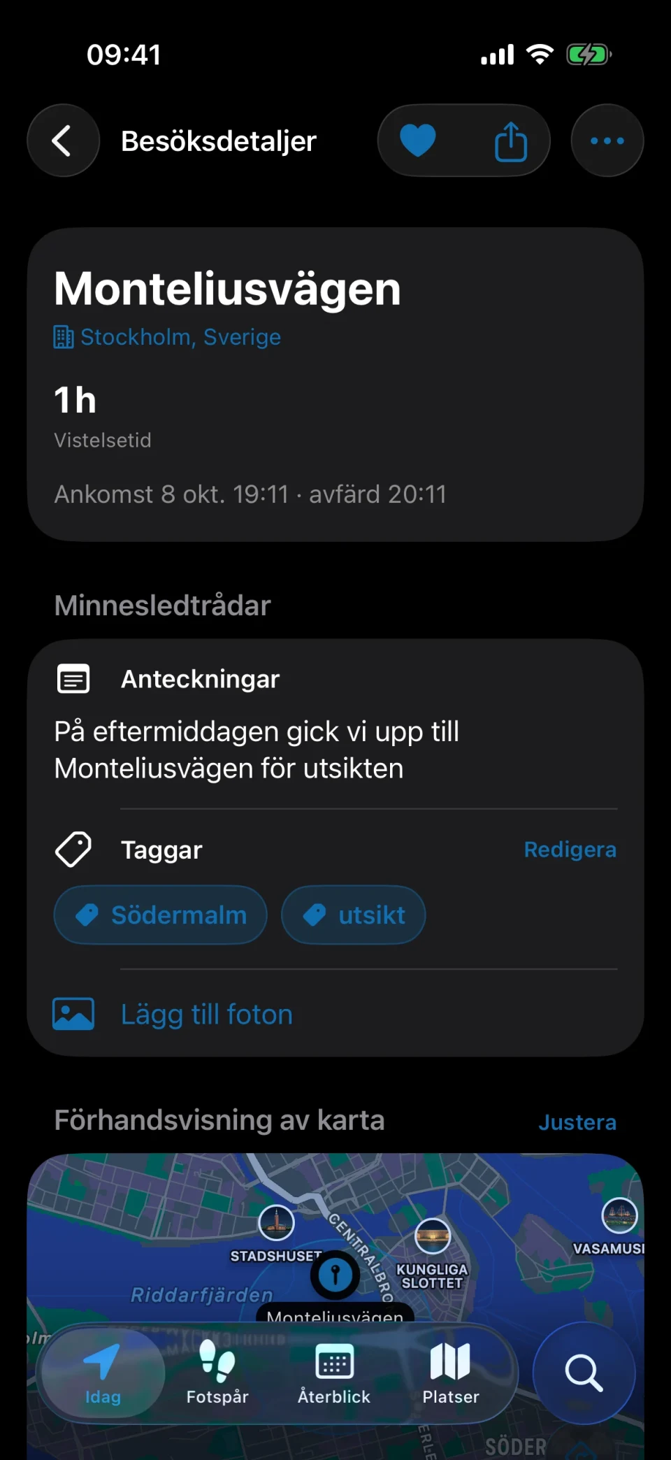 Besöksdetaljer i MeTrail med vistelsetid, snabbåtgärder och sparade anteckningar