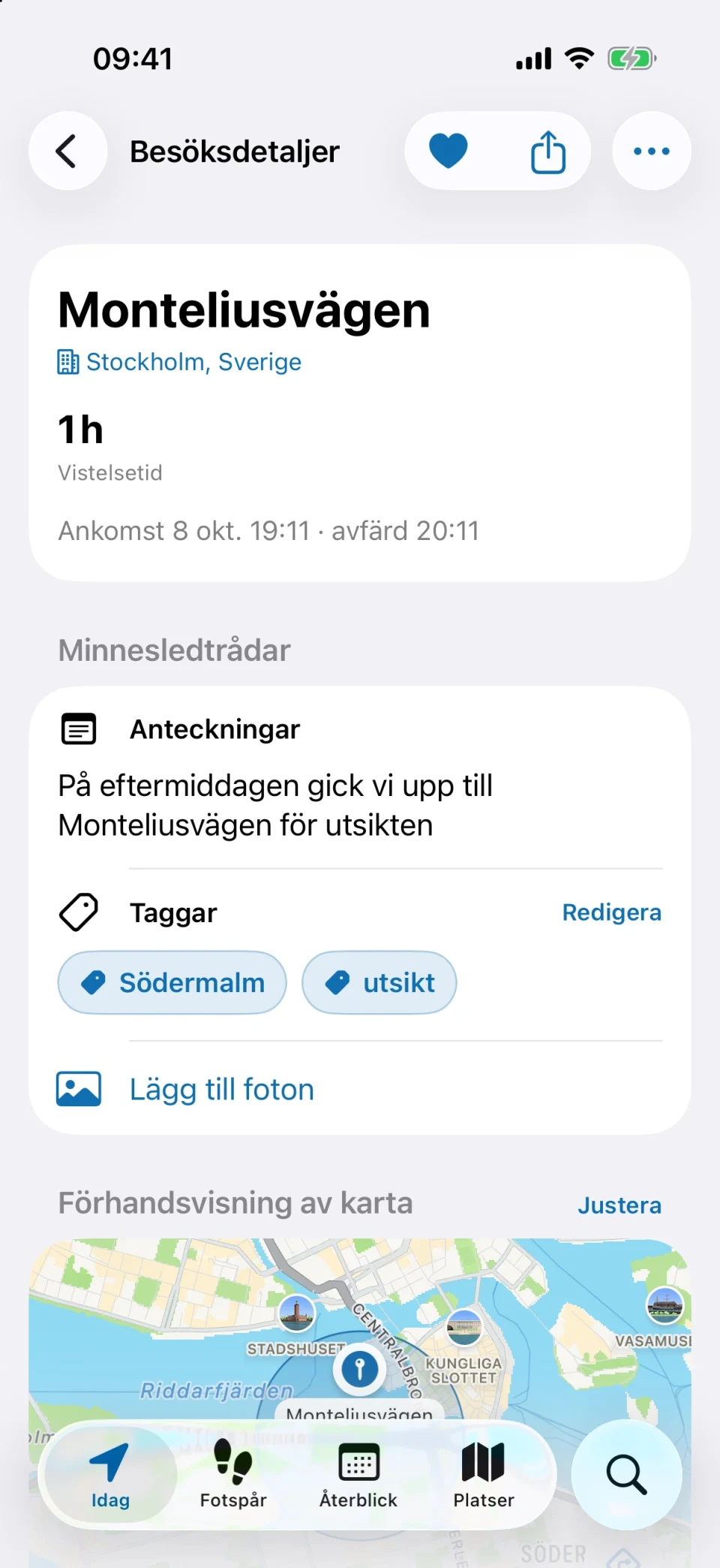 Besöksdetaljer i MeTrail med vistelsetid, snabbåtgärder och sparade anteckningar