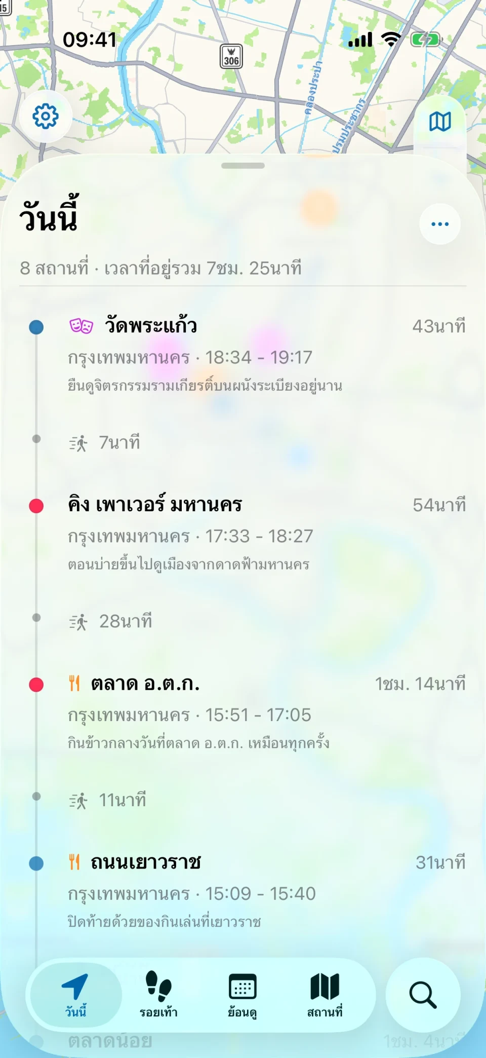 หน้าวันนี้ของ MeTrail แสดงเส้นทางของวันและรายการสถานที่ตามลำดับ
