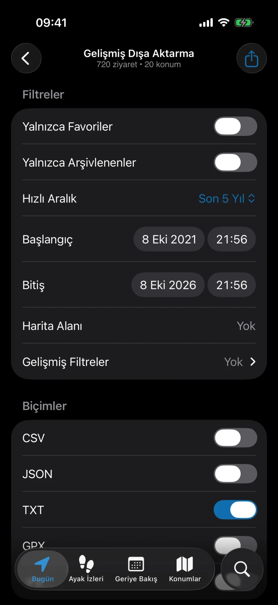 MeTrail gelişmiş dışa aktarma: filtreler ve biçim seçenekleri