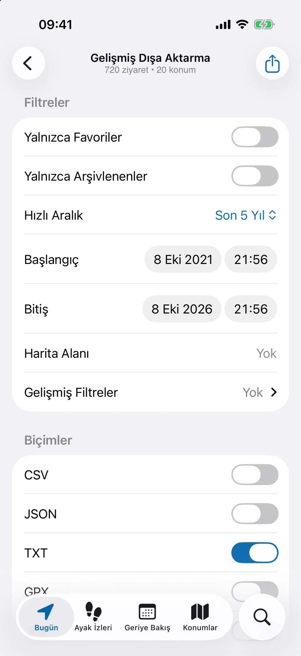 MeTrail gelişmiş dışa aktarma: filtreler ve biçim seçenekleri