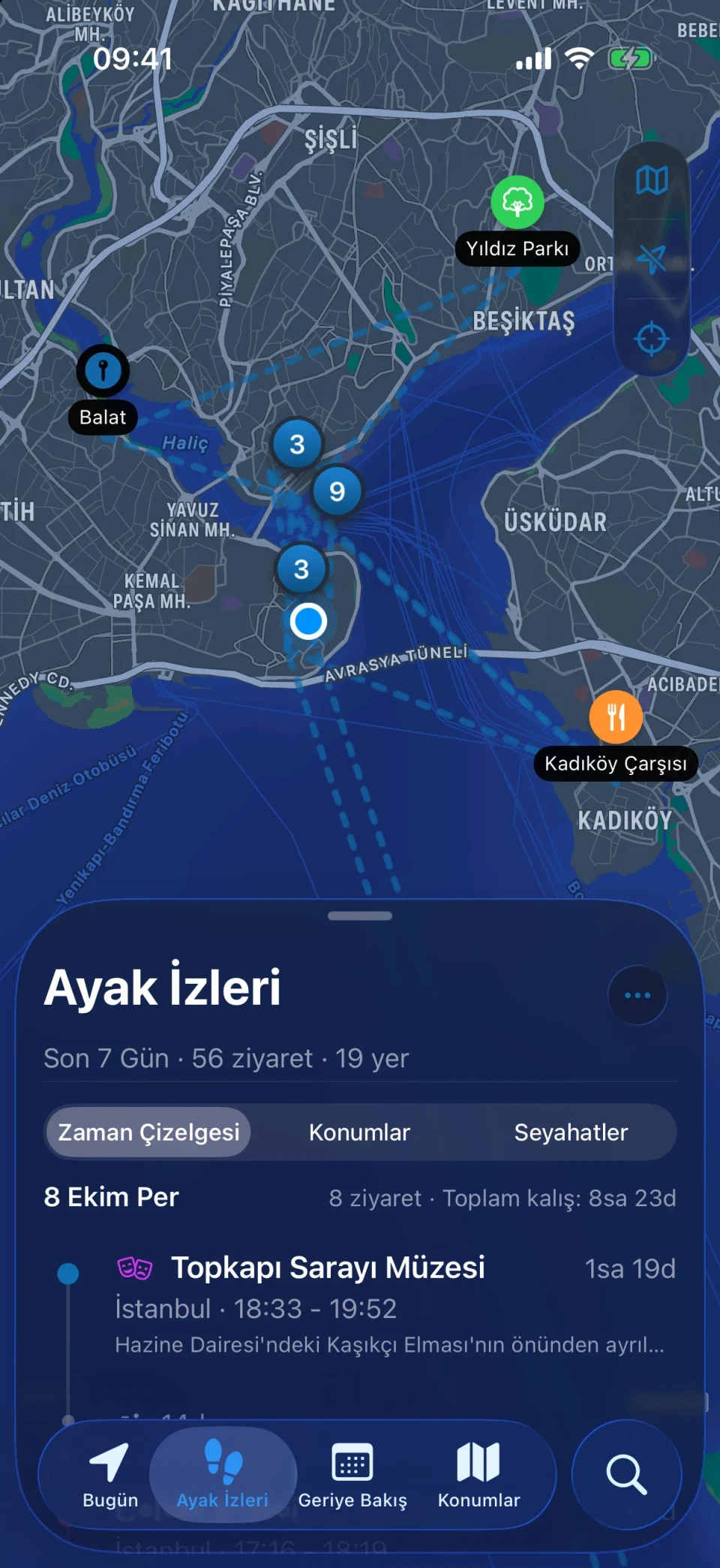 MeTrail Ayak İzleri görünümü: ziyaret edilen konumların özeti ve gün gün ziyaret listesi