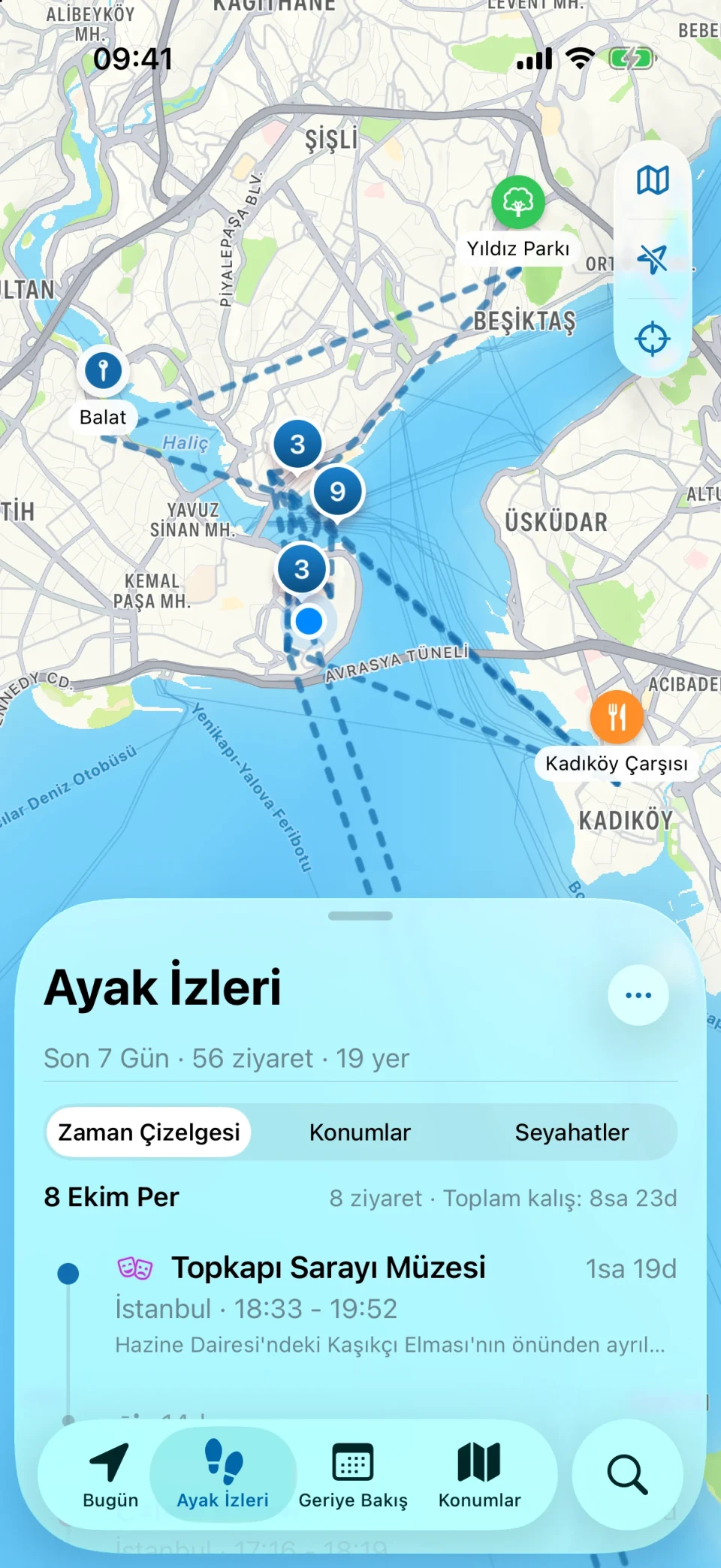 MeTrail Ayak İzleri görünümü: ziyaret edilen konumların özeti ve gün gün ziyaret listesi