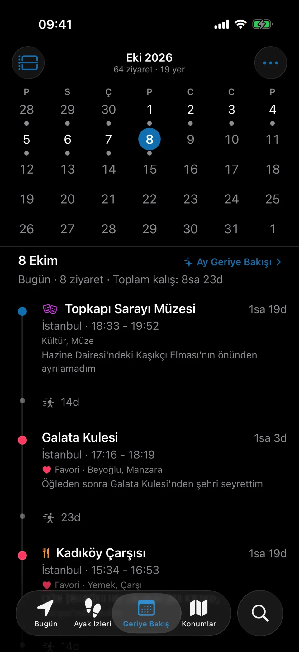 MeTrail Gözden Geçir sekmesi: bir aylık kaydedilmiş günler