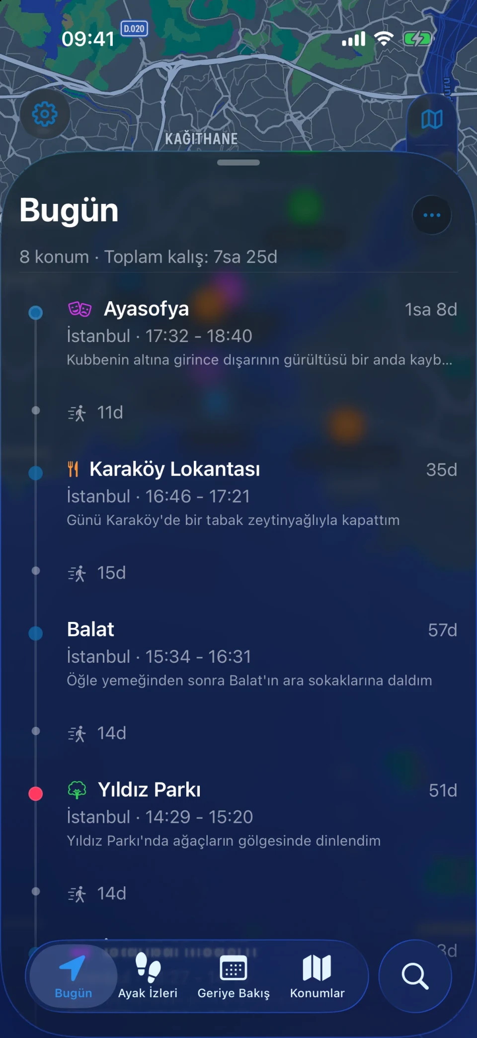 MeTrail Bugün ekranı: günün rotası ve sırasıyla konumlar