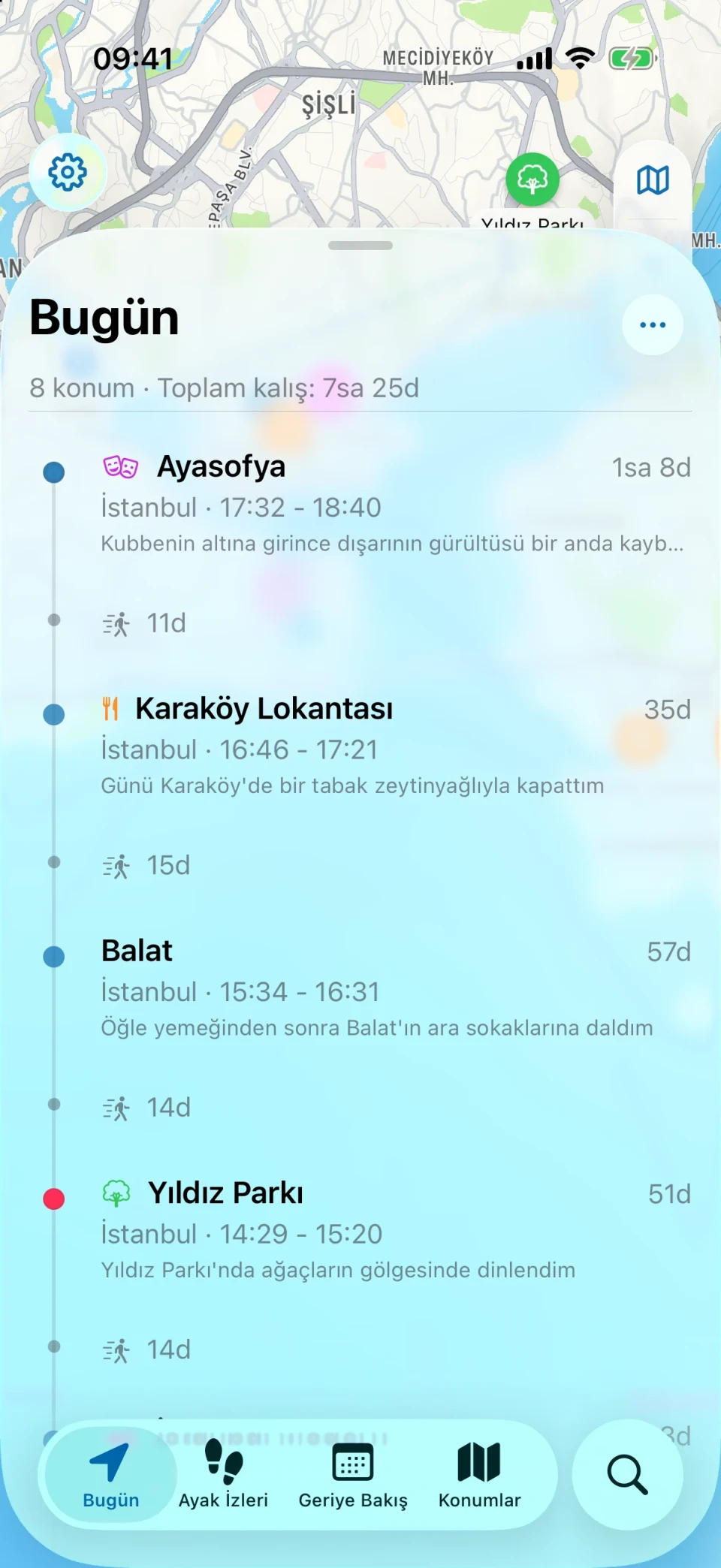 MeTrail Bugün ekranı: günün rotası ve sırasıyla konumlar