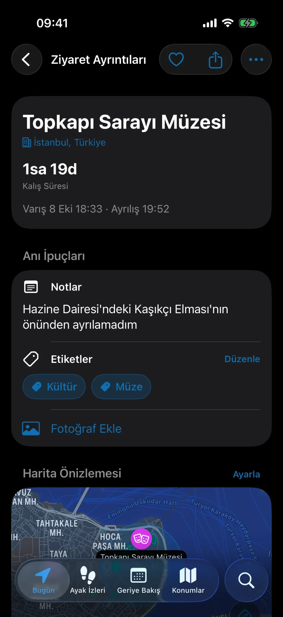 MeTrail ziyaret ayrıntıları: kalış süresi, hızlı işlemler ve kayıtlı notlar