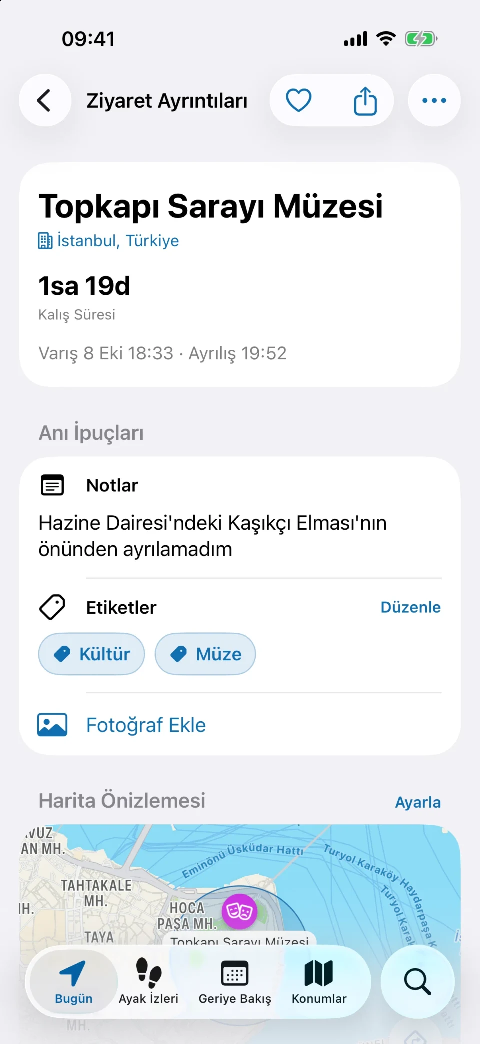 MeTrail ziyaret ayrıntıları: kalış süresi, hızlı işlemler ve kayıtlı notlar