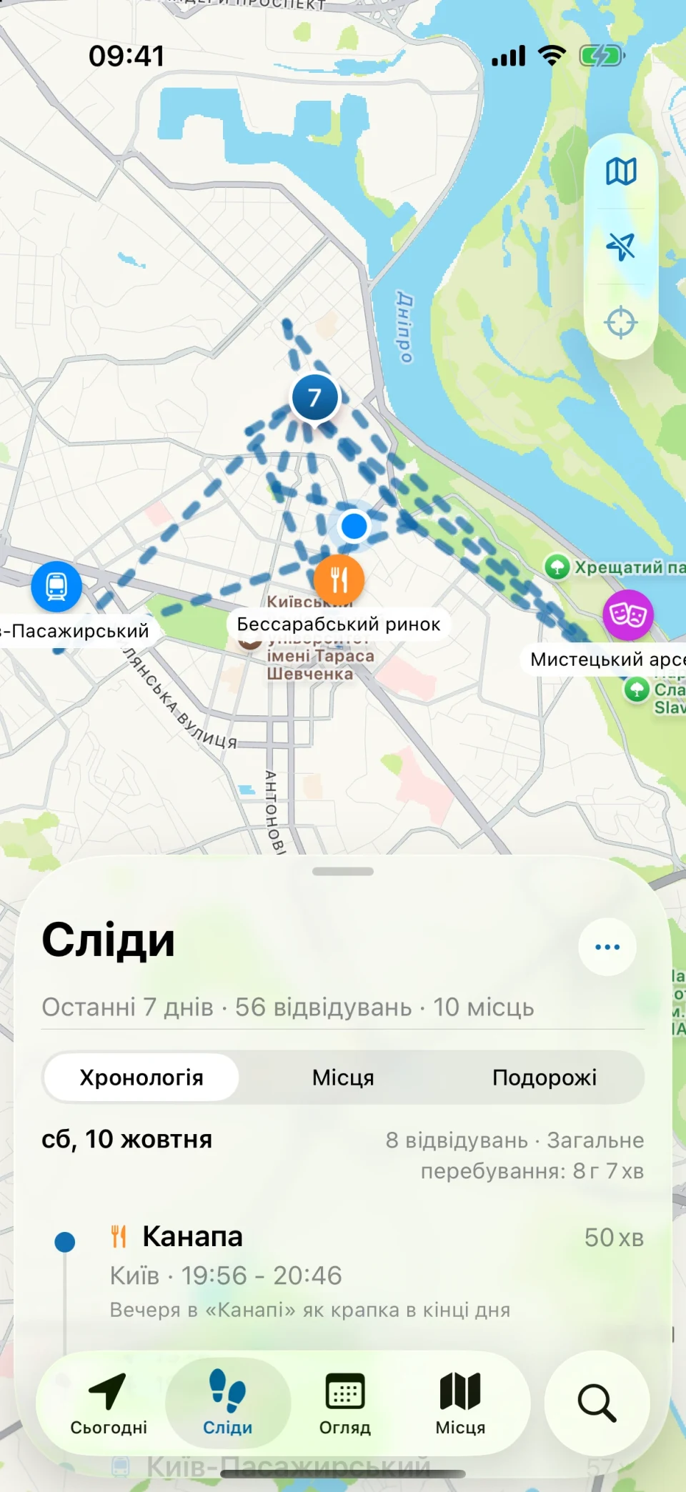Екран «Сліди» в MeTrail зі зведенням відвіданих місць і відвідуваннями за днями