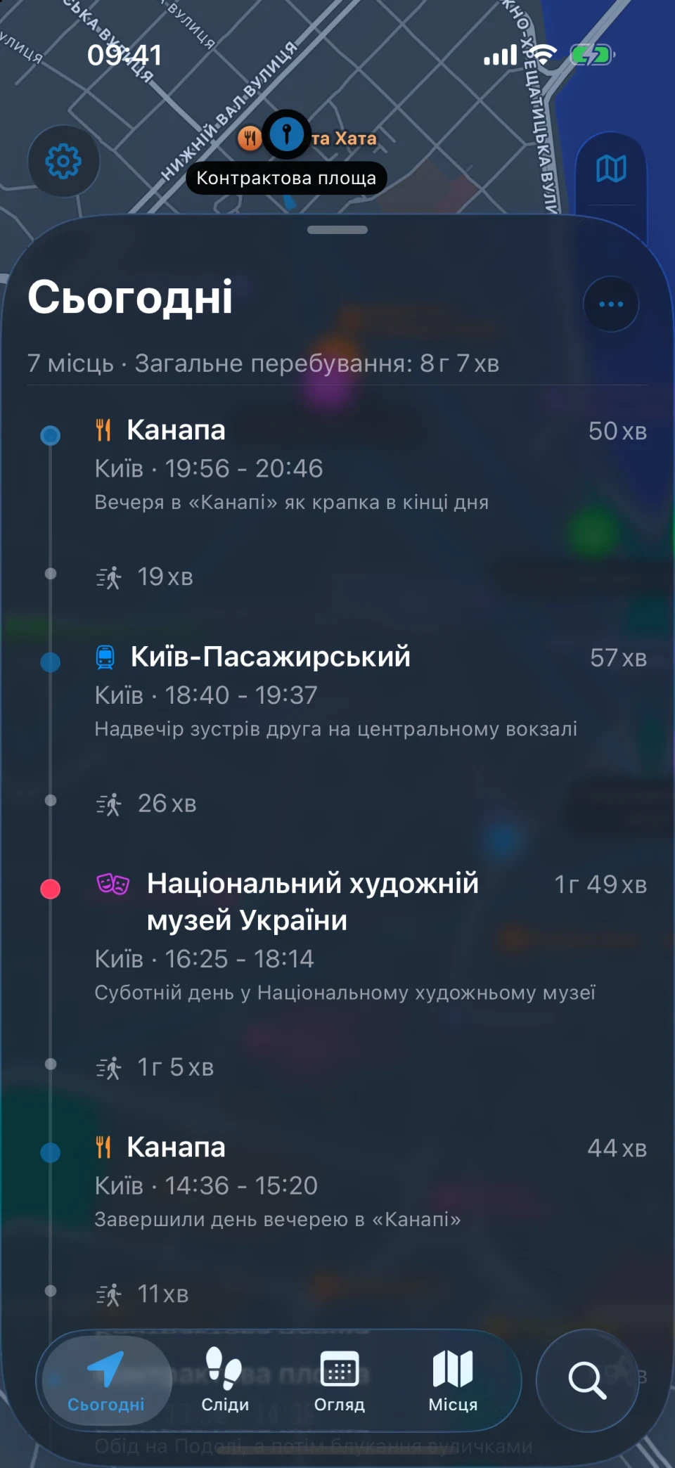 Екран «Сьогодні» в MeTrail із маршрутом дня та місцями по порядку