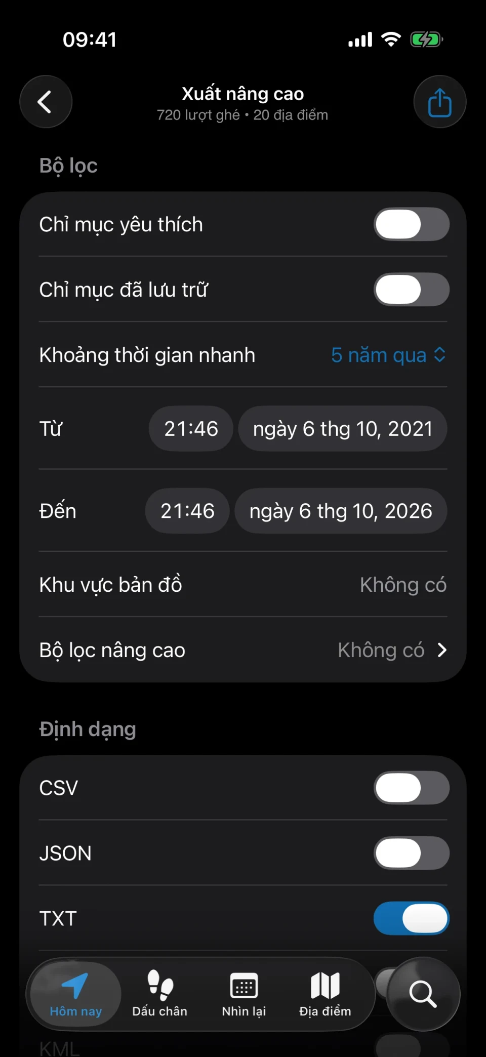 Màn hình xuất nâng cao của MeTrail với bộ lọc và tùy chọn định dạng