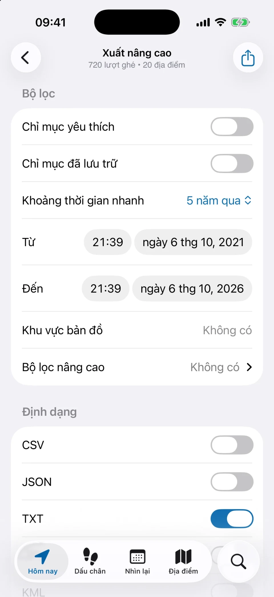 Màn hình xuất nâng cao của MeTrail với bộ lọc và tùy chọn định dạng