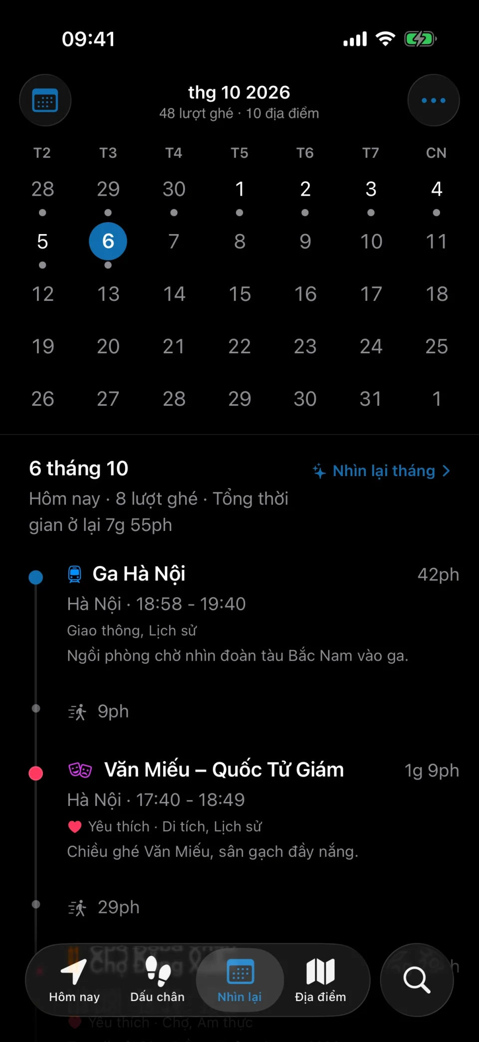Tab Nhìn lại của MeTrail hiển thị một tháng các ngày đã ghi