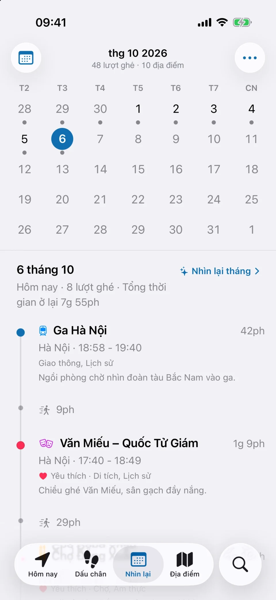 Tab Nhìn lại của MeTrail hiển thị một tháng các ngày đã ghi