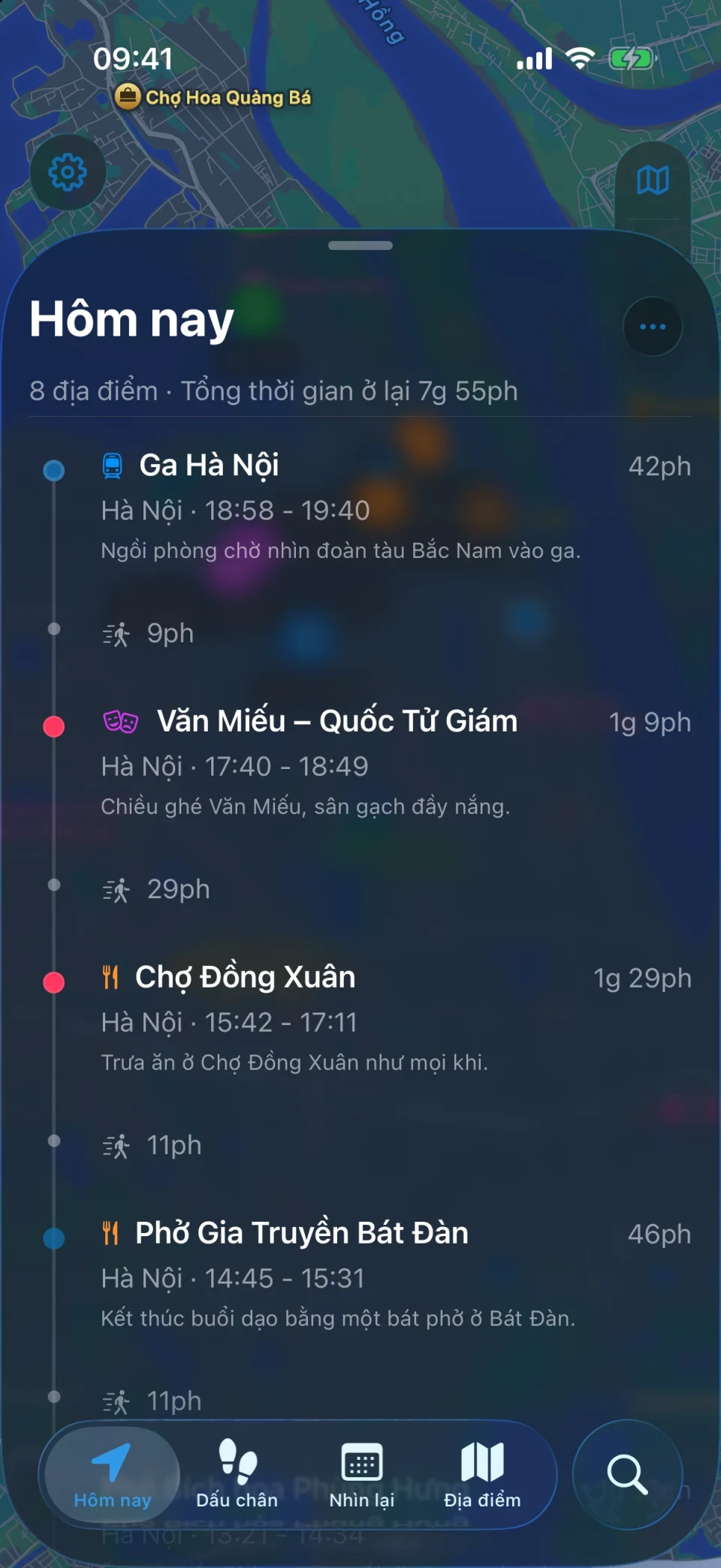 Màn hình Hôm nay của MeTrail với lộ trình trong ngày và các địa điểm xếp theo thứ tự
