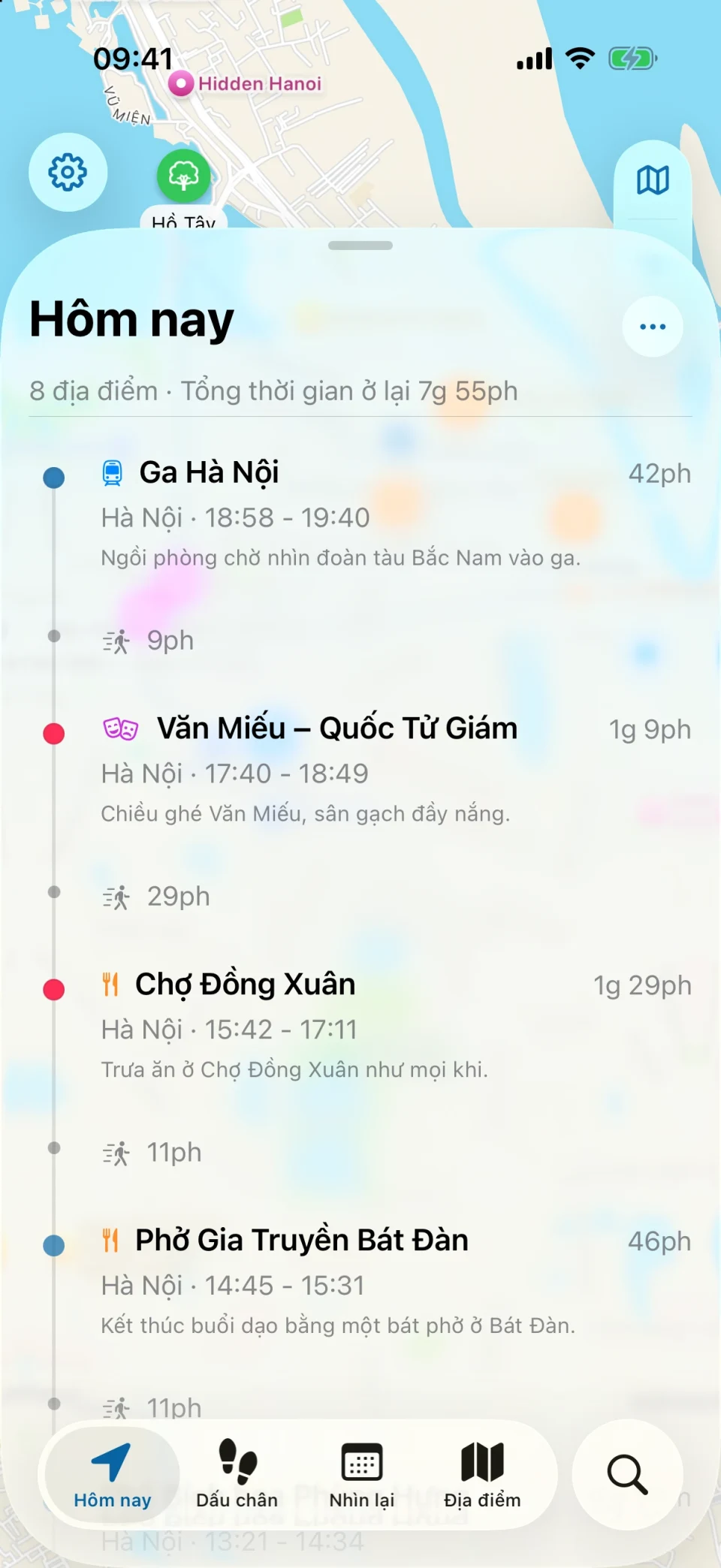 Màn hình Hôm nay của MeTrail với lộ trình trong ngày và các địa điểm xếp theo thứ tự