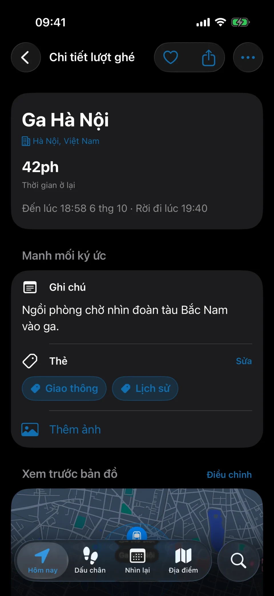 Màn hình chi tiết lượt ghé của MeTrail với thời gian ở lại, thao tác nhanh và ghi chú đã lưu