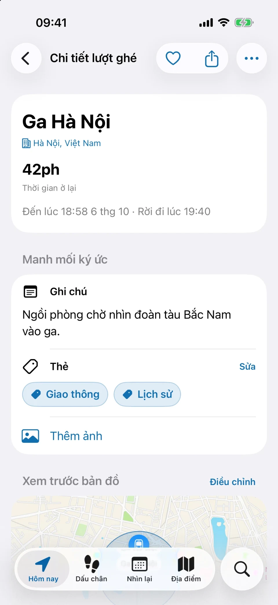 Màn hình chi tiết lượt ghé của MeTrail với thời gian ở lại, thao tác nhanh và ghi chú đã lưu