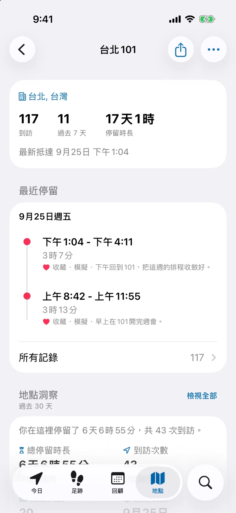 MeTrail 地點詳情頁:到訪次數、停留時長與歷史記錄