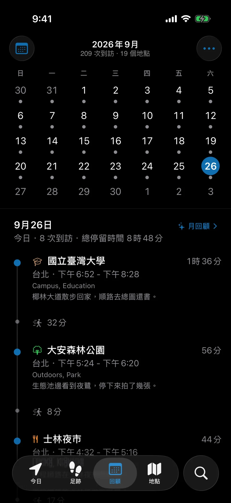 MeTrail 回顧檢視:整月的記錄分佈,可以直接點開某一天